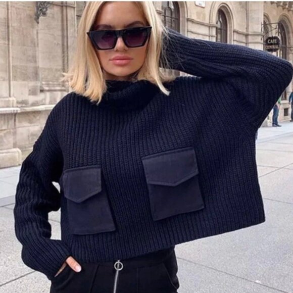 Zara Sweaters - Zara Cropped Turtleneck Sweater Navy Women's Small Oversize Fit Blogger Favorite